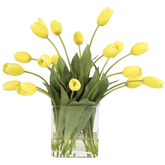 Charlton Home Yellow Tulips in Rectangular Glass Vase Wayfair